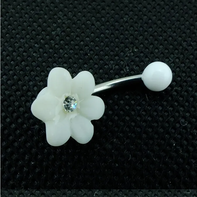 Hoge kwaliteit mode buik knop ringen roestvrij stalen bar witte plastics bloem navel lichaam piercing sieraden