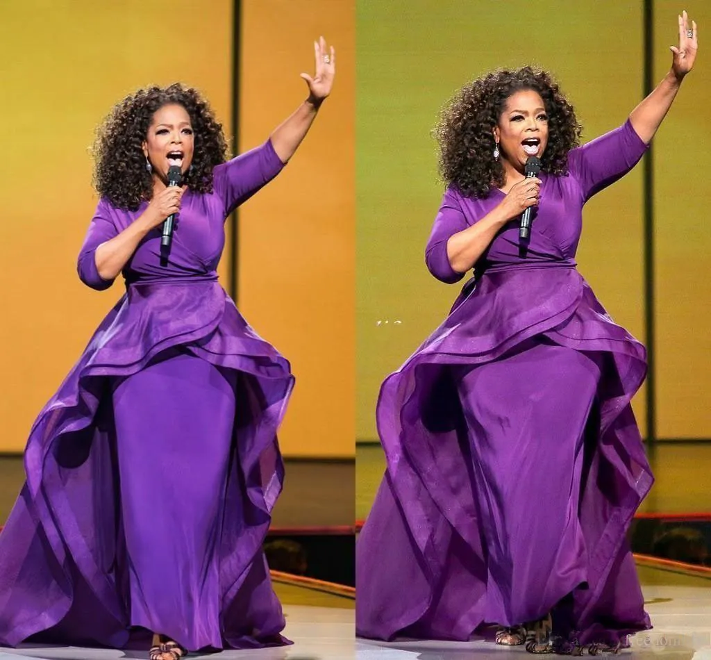 2018 Plus Size Purple evening gown with Overskirt and Sleeves - Elegant Oprah Winfrey Inspired Celebrity Style for Middle Eastern Dubai and Formal