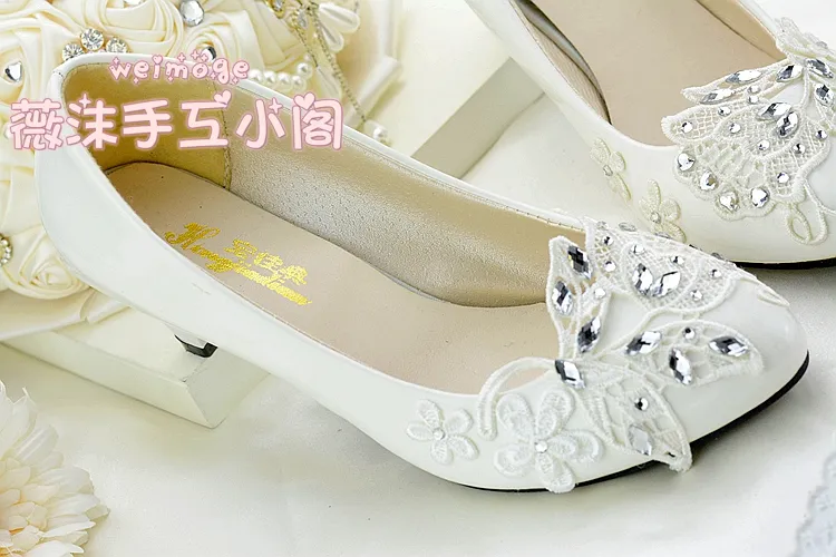 Handmade Ivory Crystal Lace Wedding Shoes Flat 4 5cm 8cm Kitten Heels Bridal Bridesmaid Shoes For Weddings Slip-ons Rhinestones Cr245i