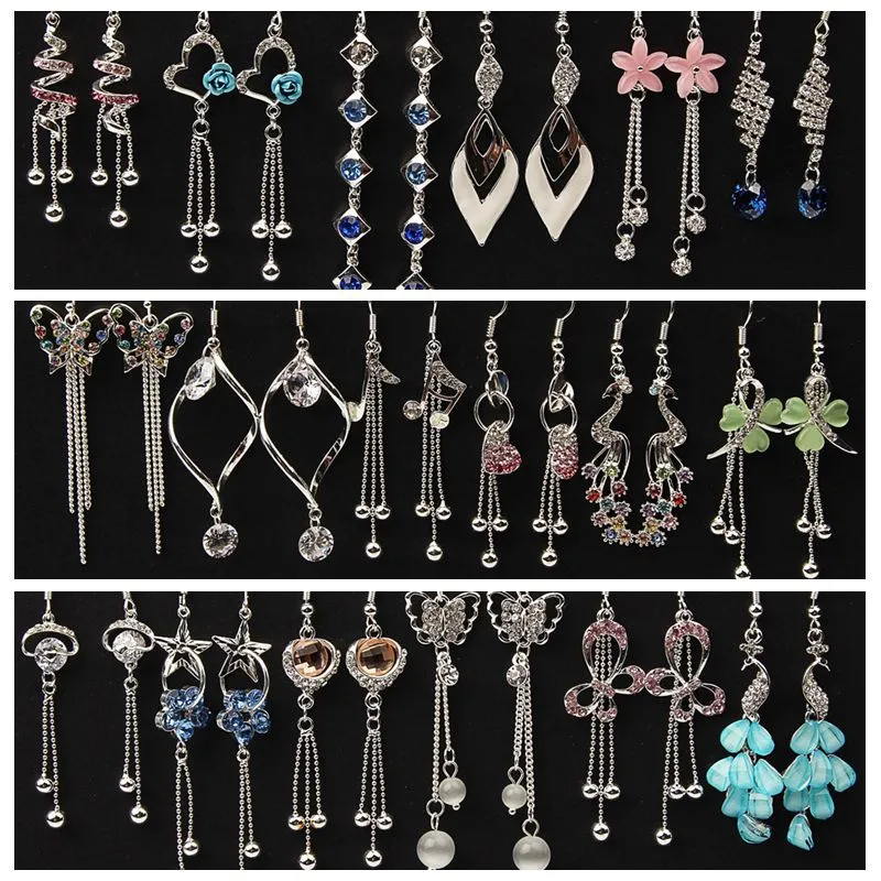 Anti allergie cristal glands boucles d'oreilles fleur papillon paon amour coeur suspendus longues boucles d'oreilles boîte emballée mixte 20 style 20 paires/lot