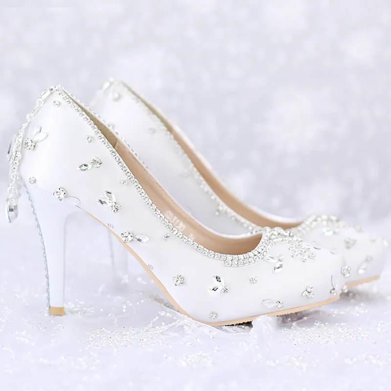 Sapatos de casamento de cristal branco cor de cor banquete arranjo vestido sapatos redondos plataformas de dedo do pé mulheres sapatos Bombas de festa de namorados