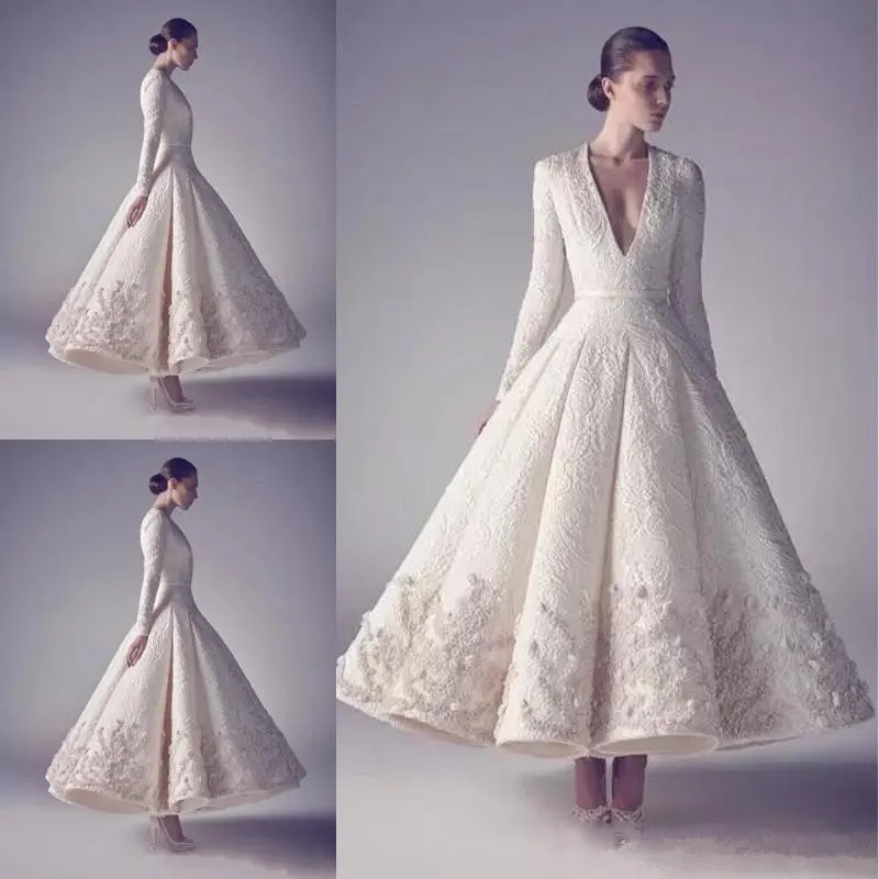 Ashi Studio Evening Prom Dresses Pure White Hot Sale Long Sleeve Deep V Neck Lace Beading Appliqued tea-length occasion dress