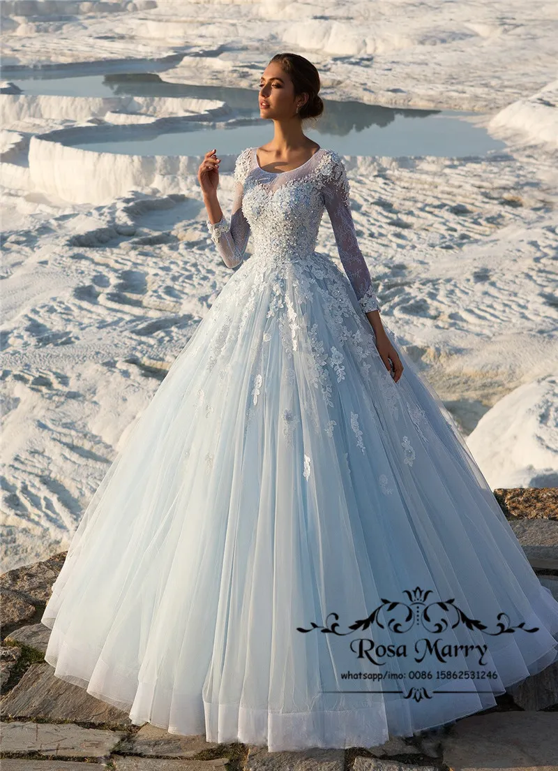 Exquisite eisblaue Ballkleid-Brautkleider 2020 mit langen Ärmeln, Vintage-Spitze, Pailletten, Perlen, Übergröße, arabisch-türkische Land-Brautkleider