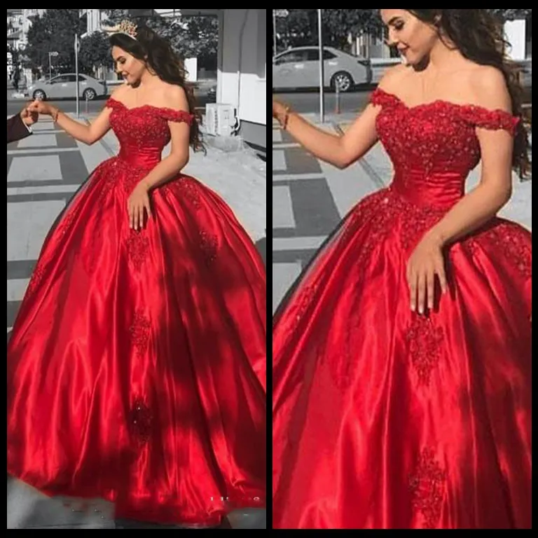 Elegante Arabische baljurk Prom Dresses Off The Shoulder Beaded Lace Applicaties Puffy Red Avond Feestjurken Vestido Festa Custom Made