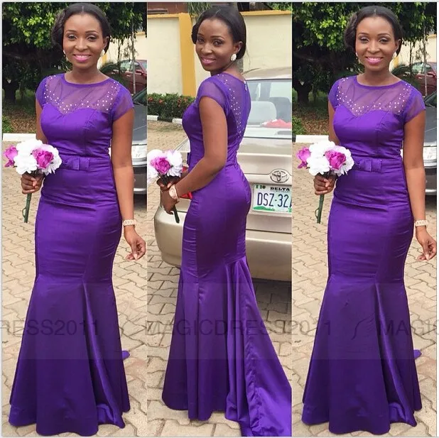 2019 Cheap Purple African Mermaid Bridesmaid Dress Sheer Neck Satin Maid of Honor Dresses Long Formal Evening Gowns Party Dress Sweep Train