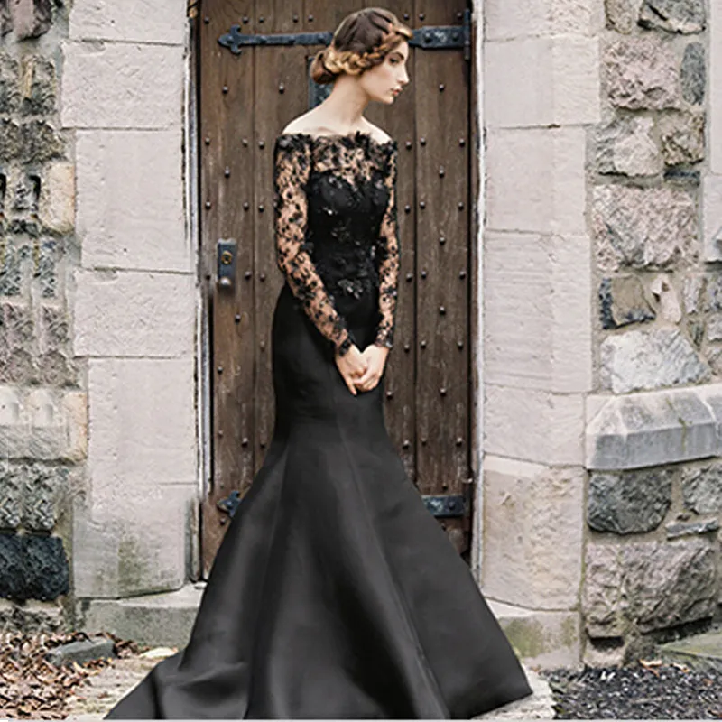 Robes gothiques noires vintage Sareh Nouri Sirène Manches longues Robes de mariée Trompette Satin Dentelle Illusion Appliques Balayage Train Personnalisé