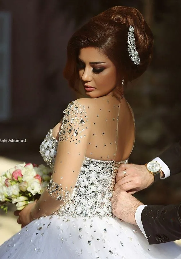 Real Image Långärmad Bröllopsklänning Luxury Crystal Robe de Mariage Sheer Crew Neck Ball Gown Wedding Gowns Vestido de Noiva