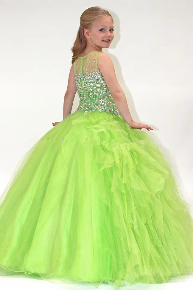Lime Green Flower Girl Dress Bateau Neckline, Sheer Crystal