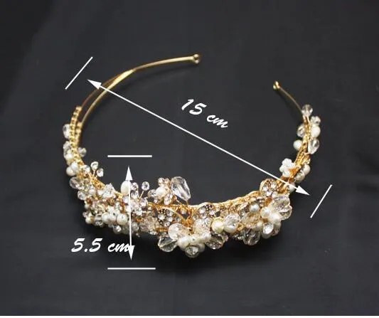 2015 Gold Vintage Bridal Jewelry Headpiece Imitation Pearl Hair Accessories Crystal Hair Band pannband Brud Crown Tiara Wedding2767