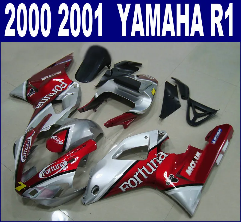 شحن مجاني abs هدية عدة لياماها 2000 2001 yzf r1 YZF1000 00 01 الأحمر الفضة فورتونا البلاستيك fairings مجموعة RQ31 + 7 هدايا