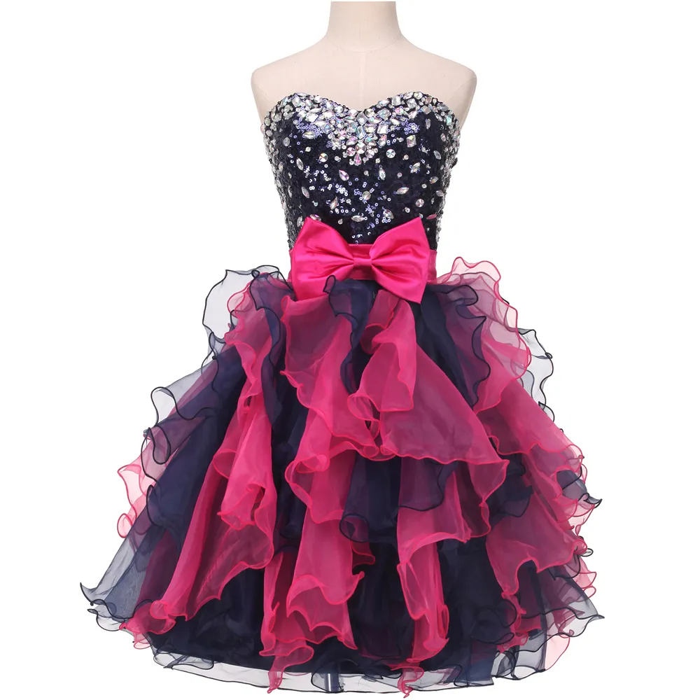 2015 New Sexy Court Homecoming Robes Chérie Cou Perles Cristal Graduation Dresse Organza Mini Robe De Bal WD176