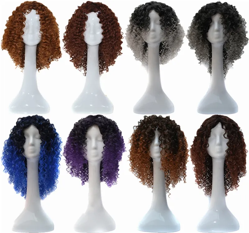 Ombre färg peruk justerbar peruk kinky Curly Bounce Curl Micro Braid Wig African American 18inch syntetiska peruker ingen spets fram peruker
