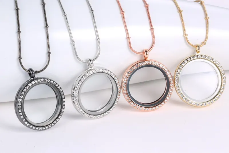Rose Or Argent DIY Verre médaillons Colliers avec cristal 30mm Cercle magnétique flottant charme médaillon pendentifs chaînes de serpent