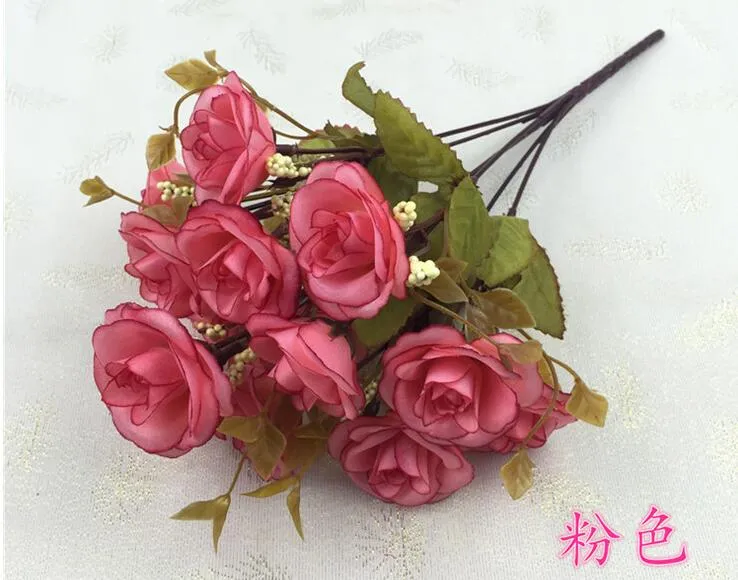 5 Buketter En bukett 14 Head Artificial Handgjorda Rose Flower Heads for Wedding Home Hotel Office Bridal Bouquet Decoration