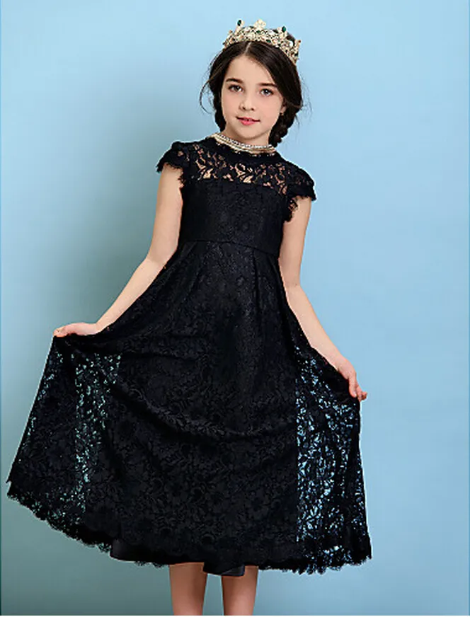 Bateau A-Line Princess Jewel Tea-Length Lace Short Sleeve Junior Brudtärna Klänning