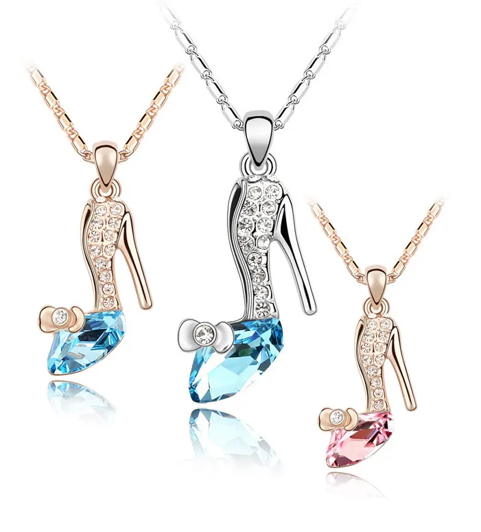 Nya Hängsmycken Halsband Österrikiska Crystal Cinderella Crystal Shoes Pendants 925 Stering Silver 18K Guldpläterade Kedjor Mode Smycken 10 färger