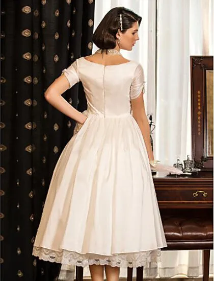 A-line Princess V-neck Tea-length Taffeta Wedding Dress Short Sleeve Short Beach Style Bridal Wedding Gowns 279t