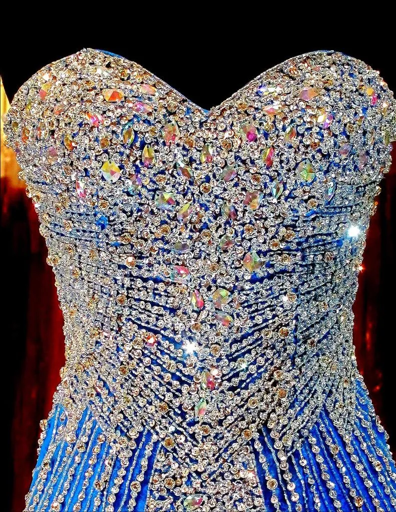 Luxo azul sereia baile de finalistas pageant dress com querida sem mangas varrer trem espumante cristal beading tulle vestido de noite formal