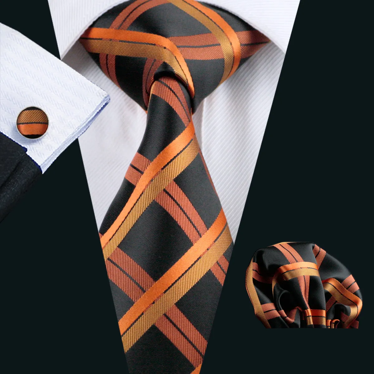 Naranja Negro Plaid Clásico Comprobar Lazos Escuadra de bolsillo Gemelos Jacquard Tejido de negocios formal corbata de Trabajo Conjunto para hombre de moda N-0344