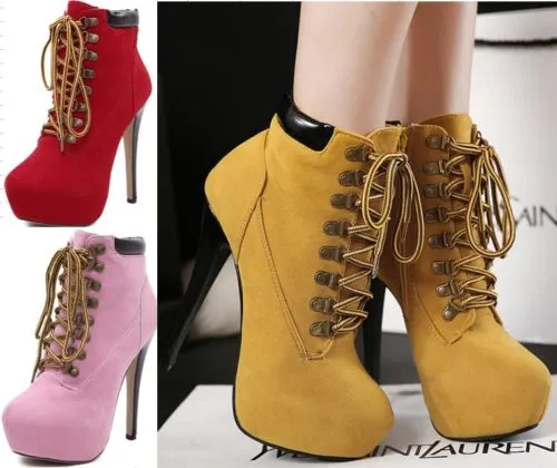 Kvinnor Lace Up High Heel Ankel Boot Booties Stiletto Platform Almond Toe Skor Storlek 35 till 40