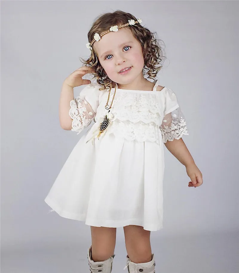 Boutique Mädchen Kleidung Kinder Prinzessin Kleid Baby Party Hochzeit Festzug Formal Mini Niedlich Off-Schulter Weiß Spitzenkleider Baby Mädchen Kleidung