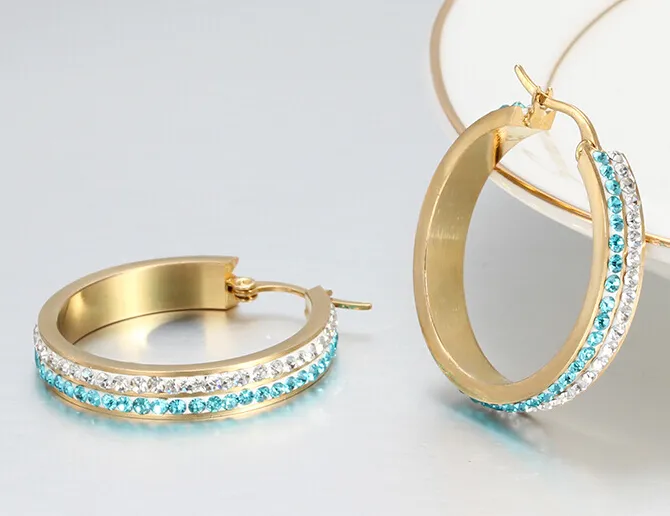 Best Party Gift For Lady Stainless Steel Gold Round Circle Hoop Earring High Quality Blue&White sparkling Crystal jewelry 