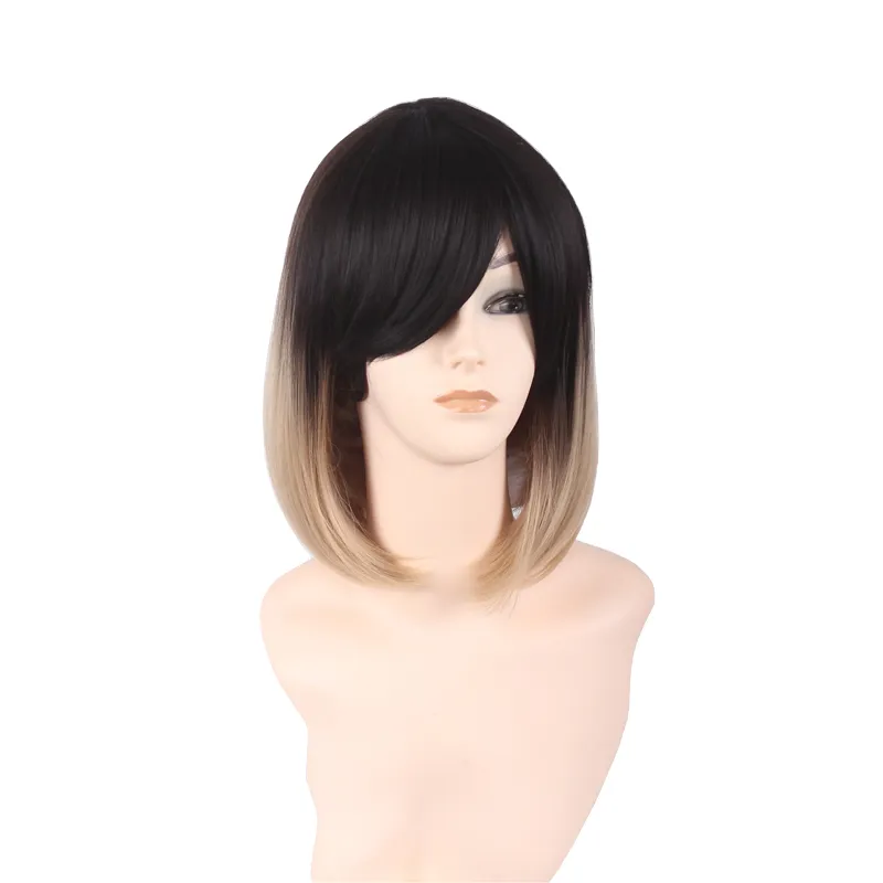 Women Medium Straight Synthetic Wig Hair Female Black Brown Gradient BOBO Heat Resistant Cosplay Wigs Ombre Color with Bang Hot Selling