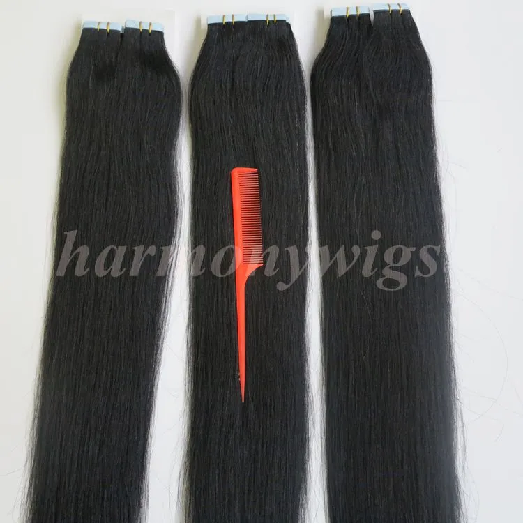 Top Quality 100g /Tape in Hair Extensions Glue Skin Weft Brazilian Indian human hair 18 20 22 24inch #1/Jet Black