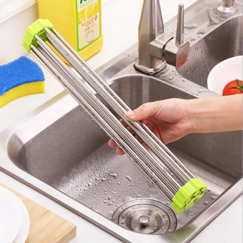 Hem Använd Fällande Rostfritt Stål + Silikon Kök Sink Avlopp Rack Hylla Frukt Vegetabilisk Tvättställ Utensil Drainer
