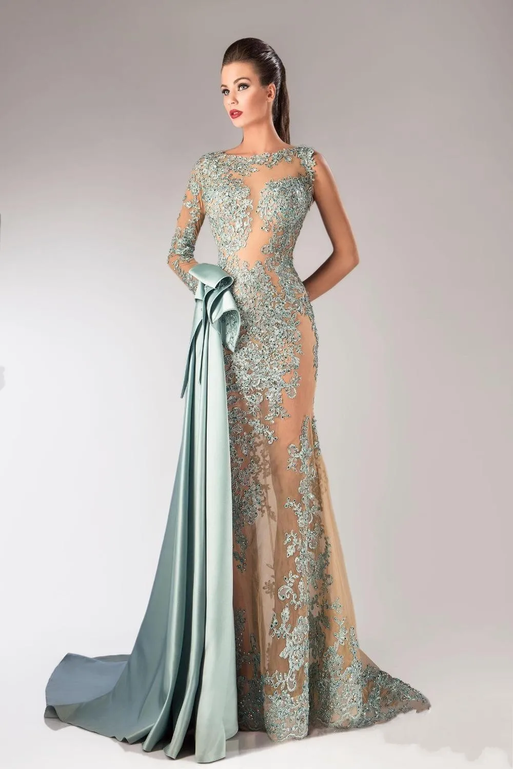 Senaste Design One Shoulder Prom Klänningar Beaded Draped Trumpet Style Lace Evening Gowns Sheer Sexy Asymmetriska Satin Sage Party Dresses