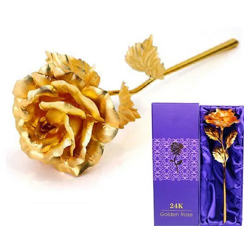 Plated 24K golden rose flower Valentine's Day festive party gift bride wedding bouquet gold blue red with purple handbag + box drop shipping