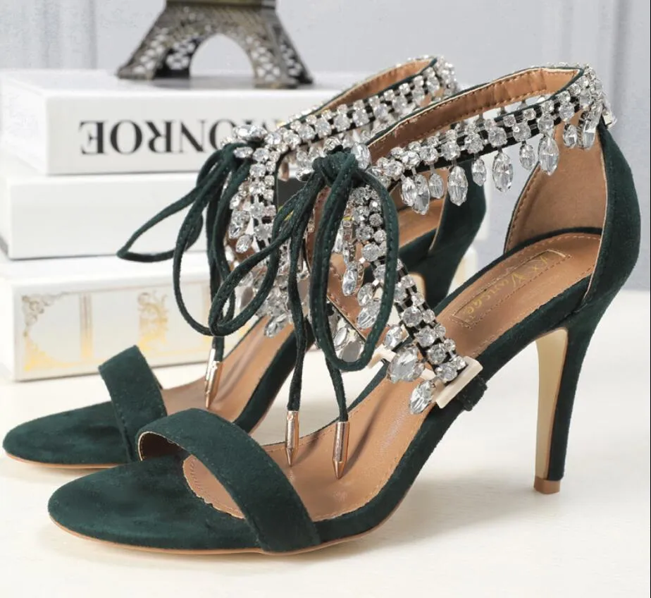2017 nuove donne scarpe da festa sandali con diamanti cinturino alla caviglia sexy tacchi alti scarpe da sposa in cristallo open toe sandali gladiatore tacco sottile 10 cm