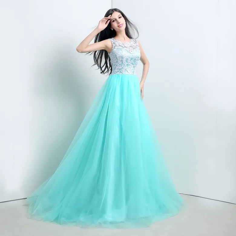 2015 Nya Stock Elegant A-Line Mint Green Lace Aftonklänningar med applikationer Golvlängd billiga promfestklänningar Vestidos de Festa290L