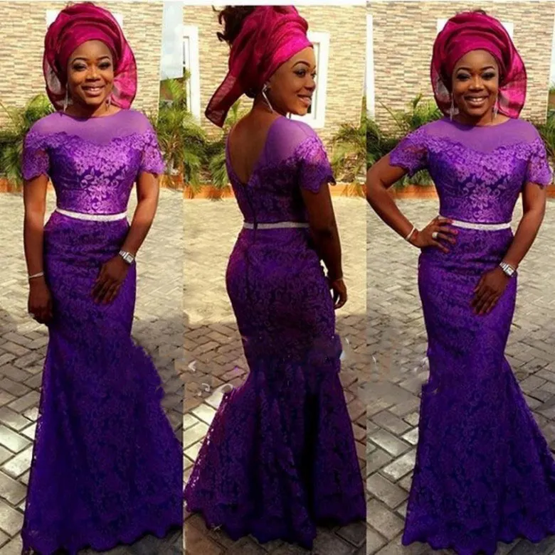 Abiti da sera in pizzo viola Aso Ebi Styles Bella Naija Abiti da festa convenzionali tradizionali a sirena Abiti da cerimonia taglie forti a maniche corte