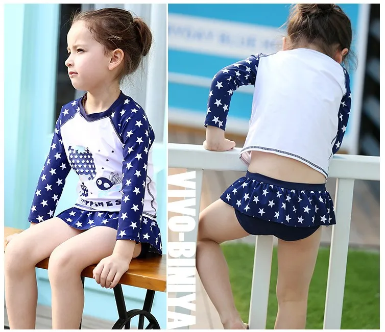 2018 Baby Girls Summer Swimwear Kids Stars Printed Cartoon Swimsuit Baby Long Sleeve Tshirt TopsTutu Skirt Hat set Girl Sw7002899