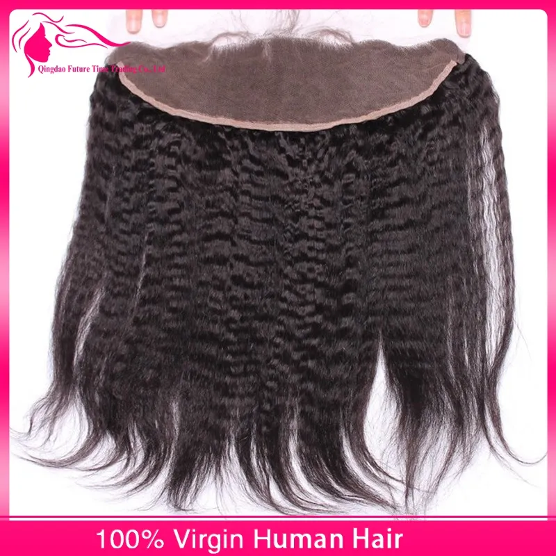 9A Mongol Kinky Straight 13x4 Cierre frontal de encaje con 3 paquetes 4 piezas / lote Italiano grueso Yaki Virgen Cabello humano teje con frontales