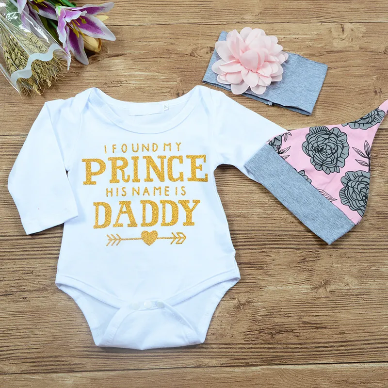 New Baby Girl Clothes Set Spring Autumn Letter Printed Baby Girl Romper + Floral Pants Headband Hat Newborn Kids Clothing Set
