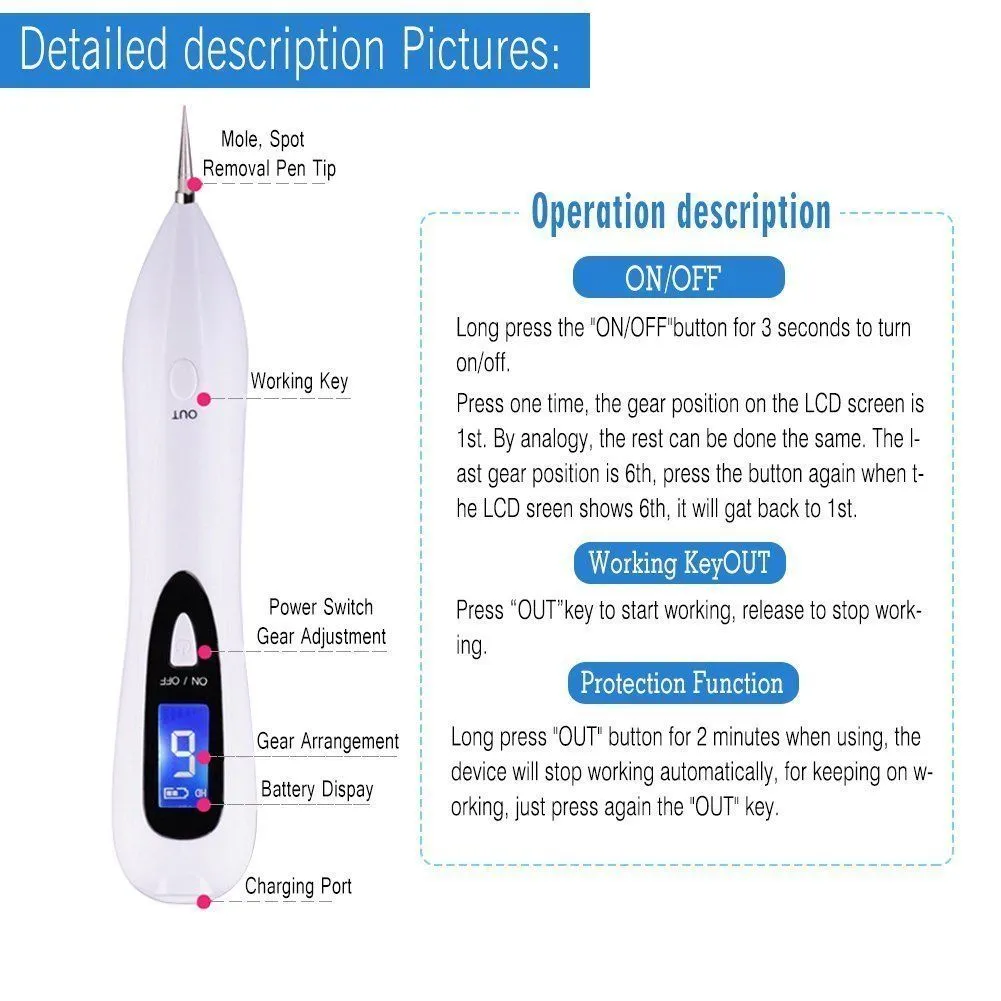 Portable LCD Laser Plasma Pen Mole Tattoo Remover Eliminación de manchas oscuras Facial Peca Etiqueta Verruga Máquina para el cuidado de la piel