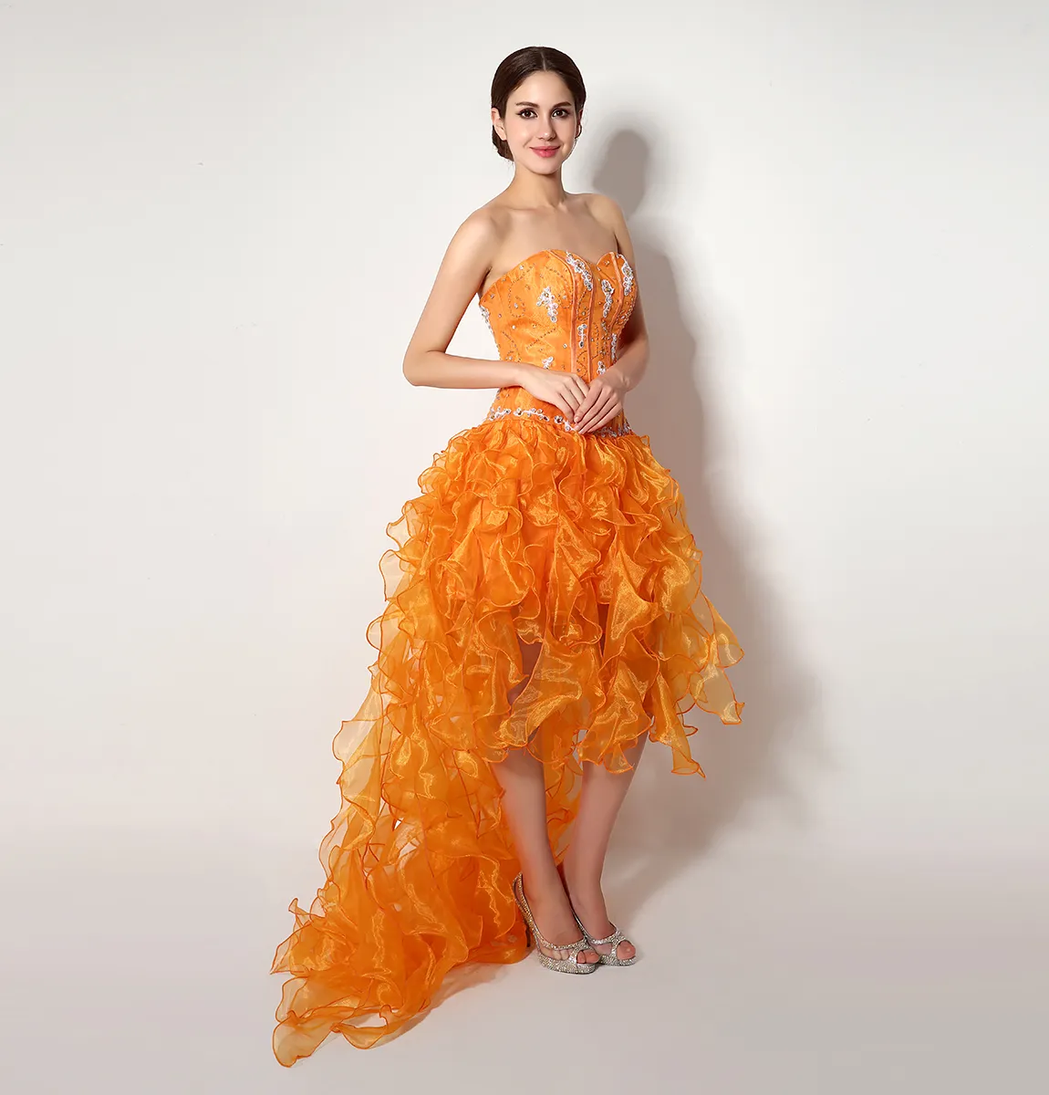 2015 Designer High Low Prom -jurken op voorraad goedkope Seetheart Crystal Fish Benende ruches oranje organza feestjurken sexy verband dr6693875