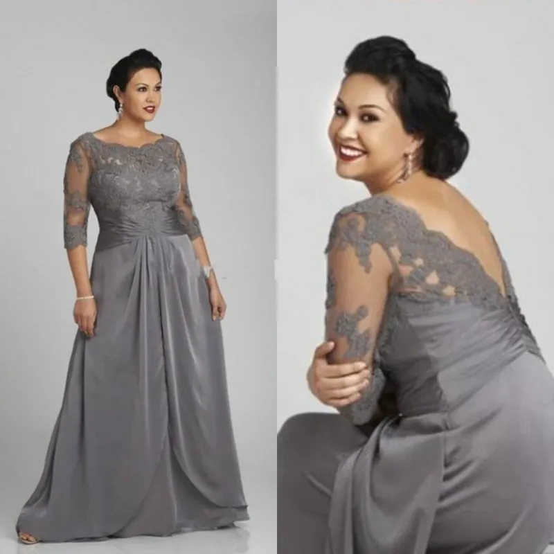 Vente chaude Plus La Taille Mère De La Mariée Robe De Mariée Gris Dentelle Appliqued Top Illusion Bateau Cou Manches 3/4 Robe De Fête De Mariage