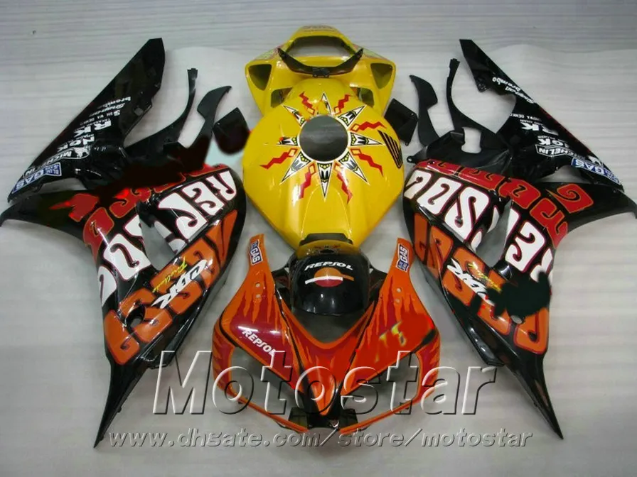 Injektionsgjutning ABS Full Fairing Kit för Honda 2006 2007 CBR1000RR 06 07 Bodywork CBR 1000 RR Svart Gula Repsol Fairings Set AQ62