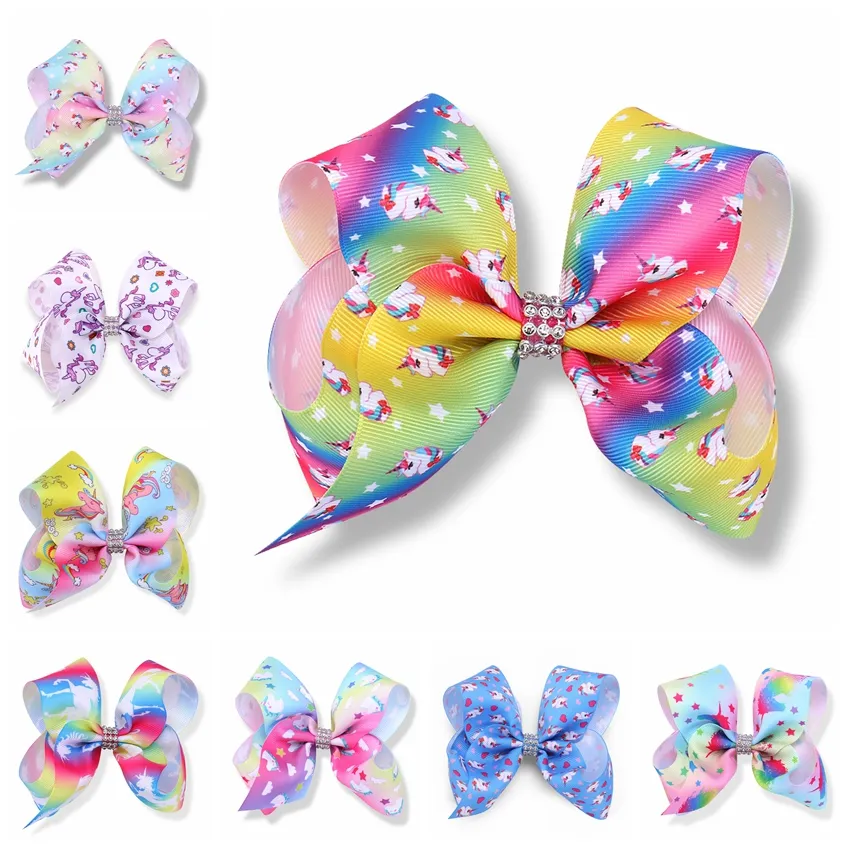 20 sztuk Dziewczyna Najnowszy 5 "Unicorn Hair Bows Clips Streszczenie StrigInation Ombre Bowknot Spinki z Rhinestone w Centrum Akcesoria do włosów HD3511