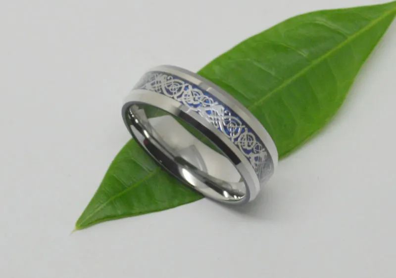 Dragón chino 8mm joyería de moda tungsteno anillo de carburo azul Fondo incrustado para hombres y mujeres Tur-005