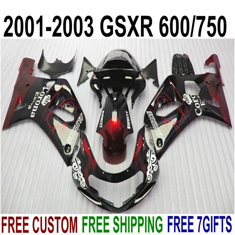 Fairing Kit för Suzuki GSX-R600 GSX-R750 01 02 03 Fairings K1 GSXR 600/750 2001-2003 Röd svart Corona Plastic Motobike Set SK3