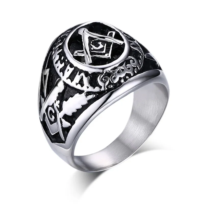 Charming Popular Men's Classical Casting Biker Silver&Black Stainless Steel Masonic symbols Ring High Quality Jewelry XMAS Gifts