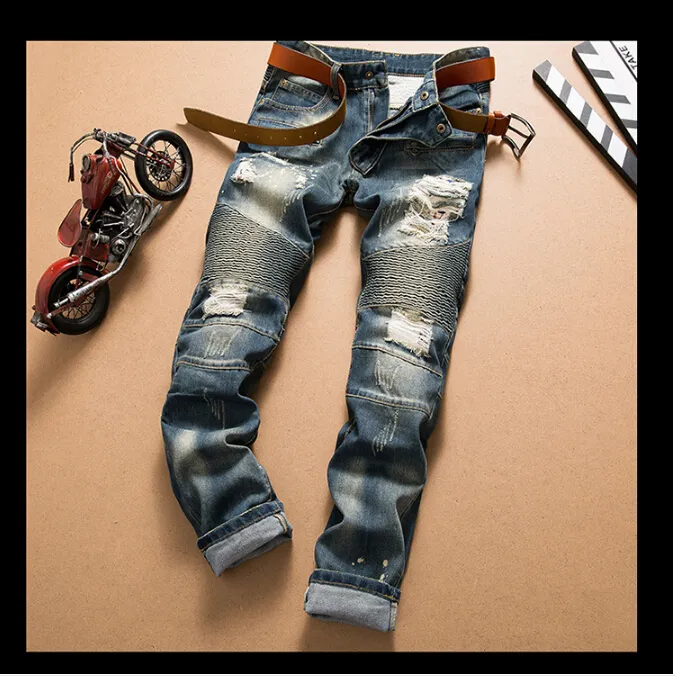 Moda nowe męskie dżinsy fajne męskie postrzępione porwane dżinsy projektant mody proste motocyklowe dżinsy dla motocyklistów przyczynowe spodnie dżinsowe styl streetwear