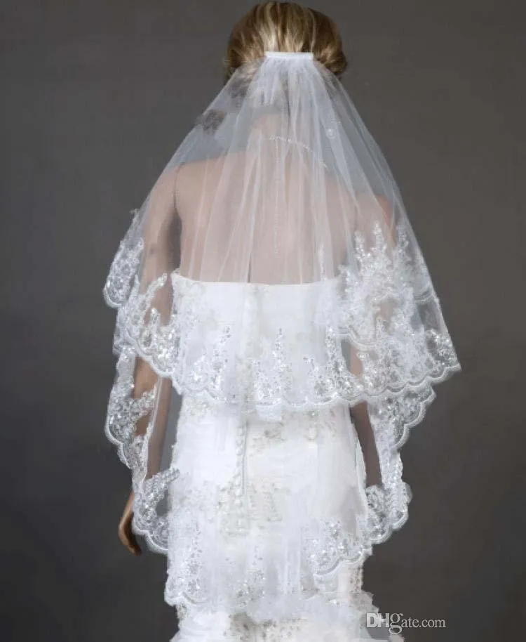 Véu de noiva longo de tule branco marfim vintage, duas camadas, apliques e lantejoulas, véu de casamento com pente, acessório de noiva234u