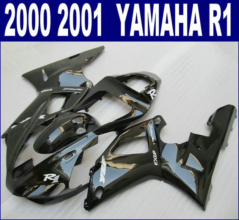 ABS Plastmakare för Yamaha 2000 2001 YZF R1 Fairings Set YZF-R1 00 01 All Glossy Black Aftermarket RQ94 + 7 Presenter