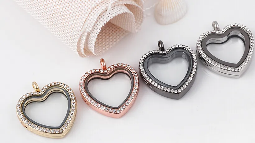 10PCS/lot 4Colors FULL Rhinestones Peach Heart Shape Glass Floating Locket Pendant Fit For Necklace Chain Making