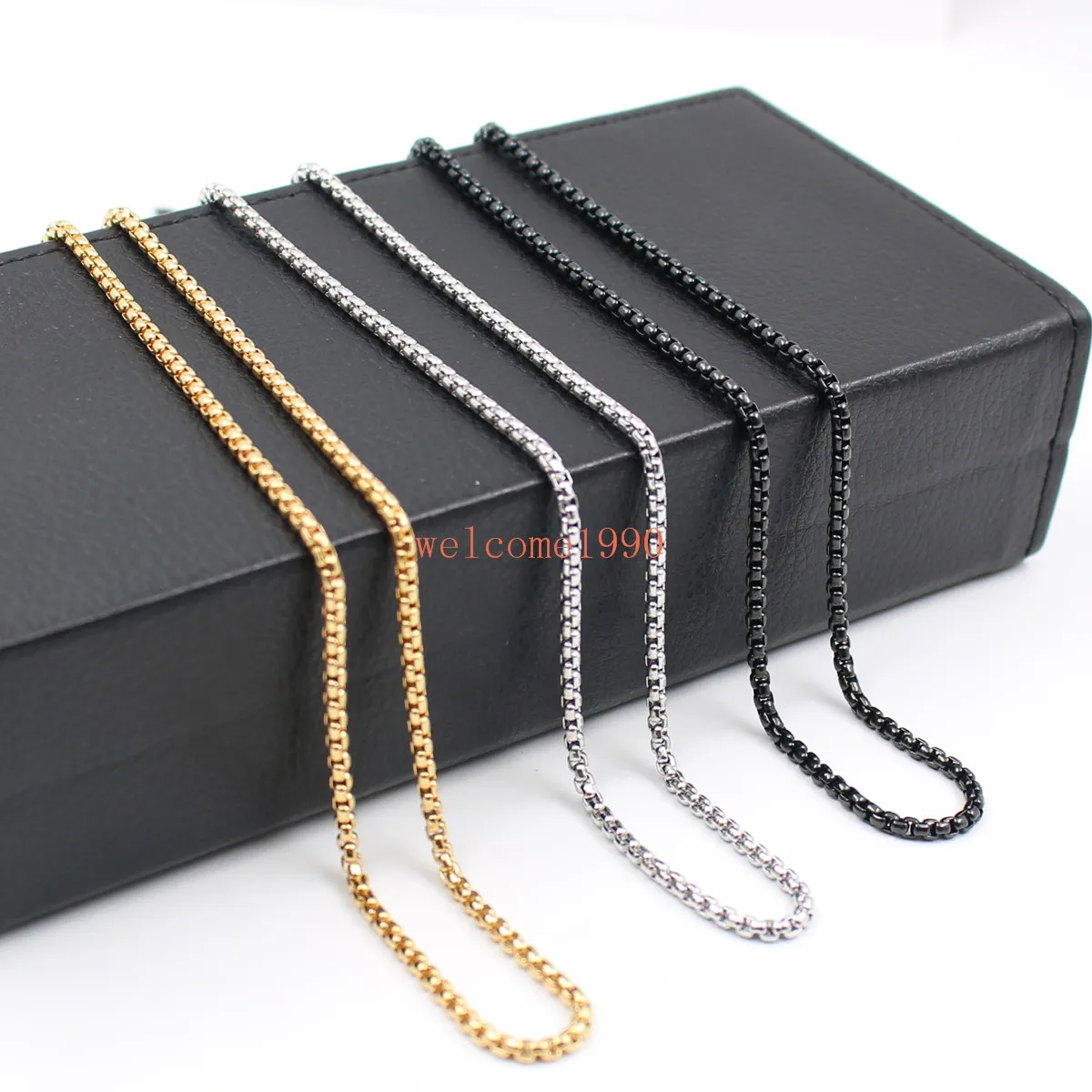 Wholesale jewelry wide 3mm Box Rolo Chain Necklace Stainless Steel Fashion Men's Women Jewelry Silver / gold / black 18 inch-32 inch